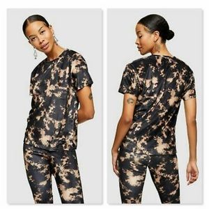 Topshop Velour Black Tie Dye Short Sleeve Crewneck Top Women Size 8-10